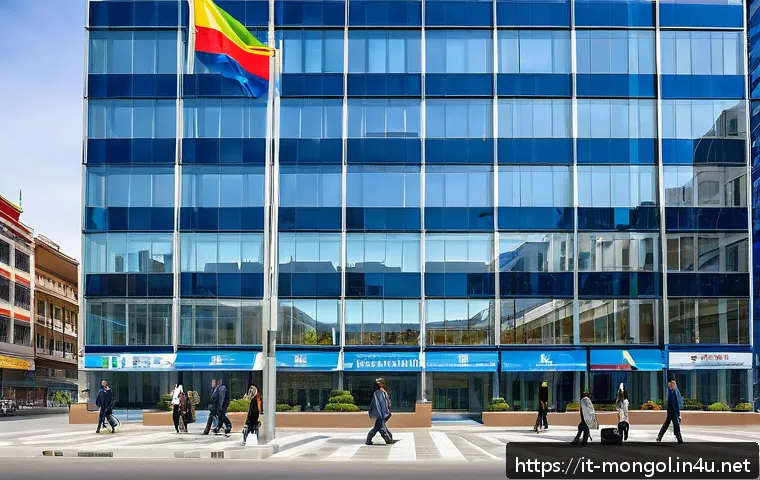 몽골에서의 사업 기회 - A bustling business district in Ulaanbaatar, Mongolia, showcasing modern office buildings with glass...