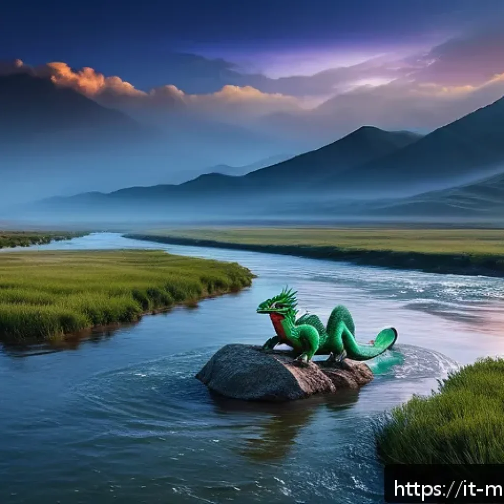 몽골의 전통 해양 신화 - A majestic Mongolian water dragon emerging from a misty river, its shimmering scales reflecting the ...