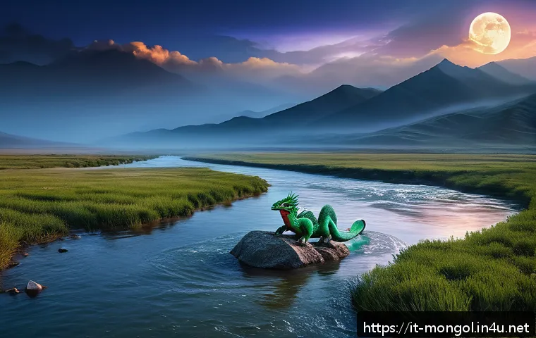 몽골의 전통 해양 신화 - A majestic Mongolian water dragon emerging from a misty river, its shimmering scales reflecting the ...