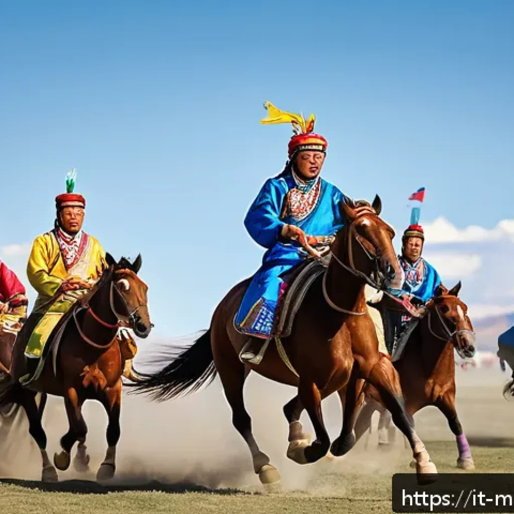 몽골에서 꼭 봐야 할 축제 - A vibrant scene of the traditional Naadam festival in Mongolia showcasing horse racing on dusty plai...