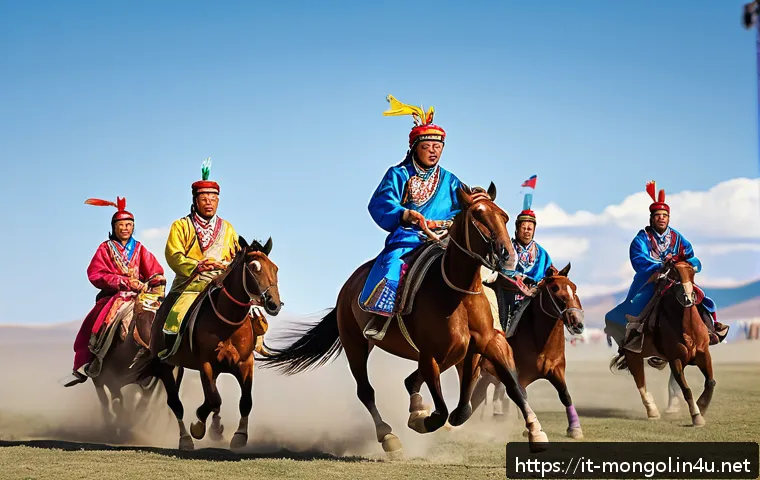 몽골에서 꼭 봐야 할 축제 - A vibrant scene of the traditional Naadam festival in Mongolia showcasing horse racing on dusty plai...