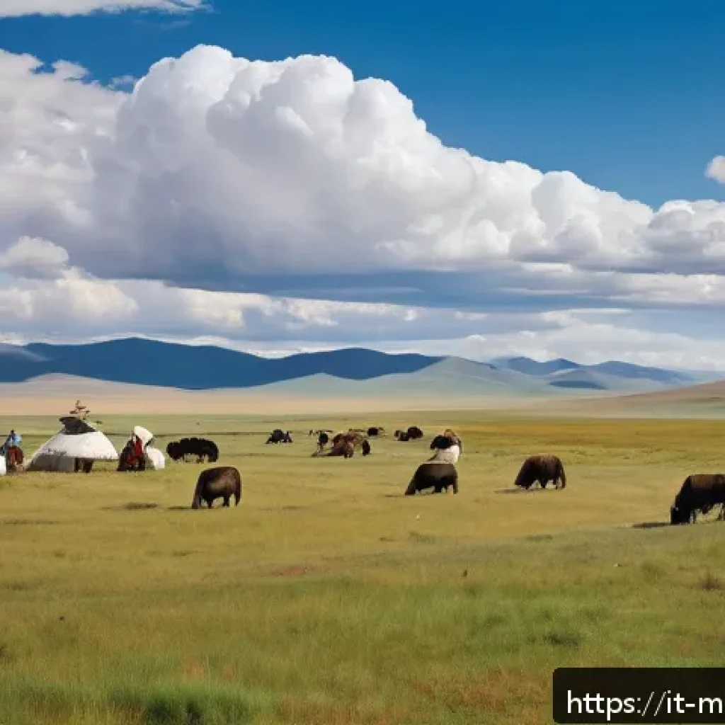 몽골의 현대적 환경 문제 - A serene Mongolian steppe landscape during early autumn, showcasing nomadic herders in traditional c...