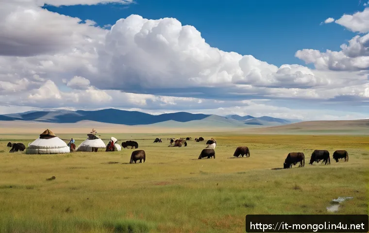 몽골의 현대적 환경 문제 - A serene Mongolian steppe landscape during early autumn, showcasing nomadic herders in traditional c...