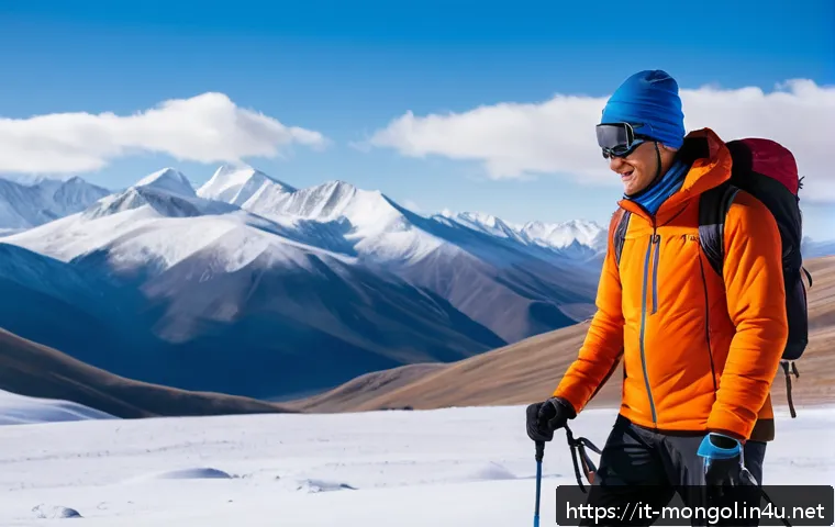 몽골 겨울 의복 준비 - A detailed outdoor winter scene in Mongolia featuring a hiker dressed in layered clothing designed f...