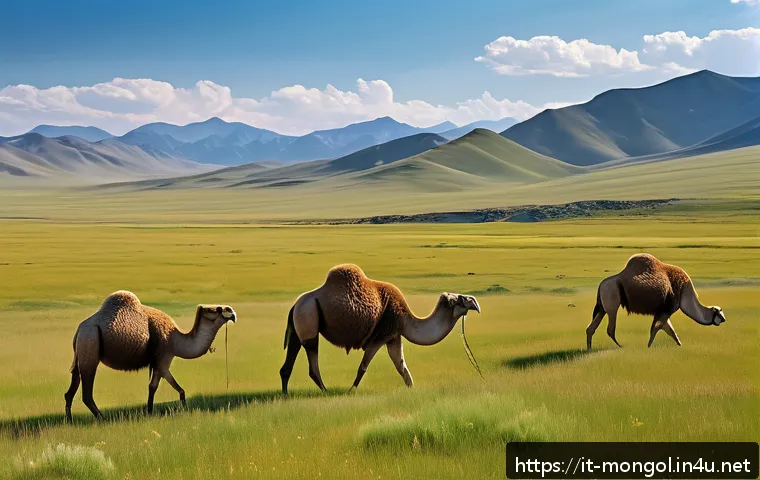 몽골의 자생 식물 - A detailed, realistic landscape of the Mongolian steppe during late spring, showcasing a vast expans...