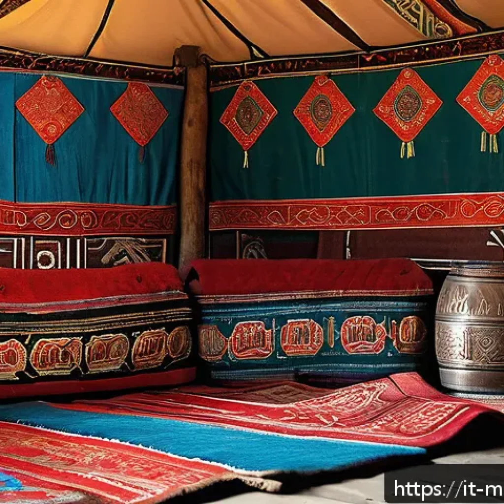 몽골 주요 기념품 - A traditional Mongolian nomad tent interior showcasing thick felt rugs and mats made from sheep wool...