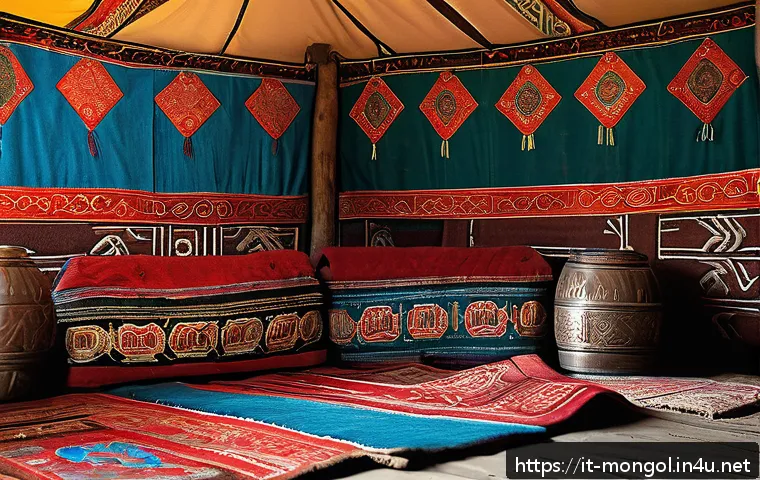몽골 주요 기념품 - A traditional Mongolian nomad tent interior showcasing thick felt rugs and mats made from sheep wool...