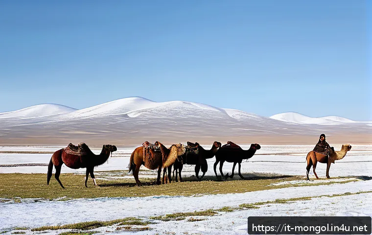 몽골의 초원 라이프스타일 - A serene Mongolian steppe scene during early spring, featuring a traditional circular yurt made of w...