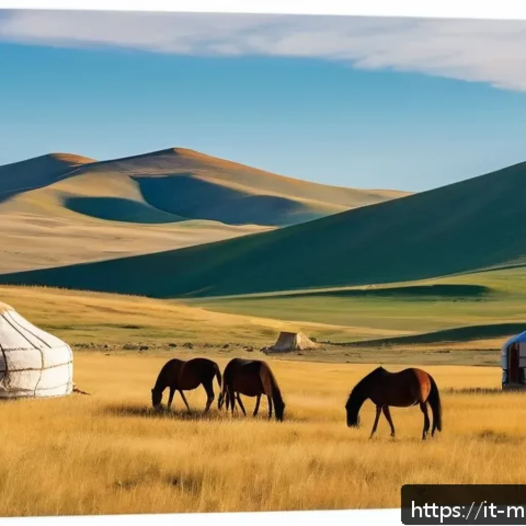 몽골 서부 지역의 독특함 - A vast Mongolian steppe landscape under a clear blue sky, golden tall grasses swaying gently with th...