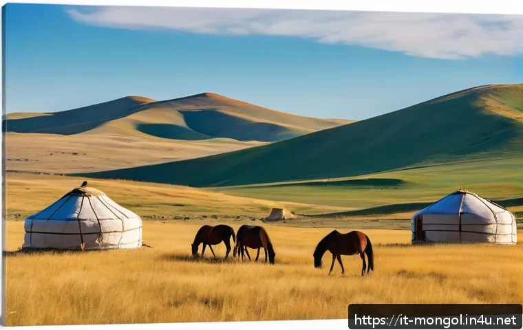 몽골 서부 지역의 독특함 - A vast Mongolian steppe landscape under a clear blue sky, golden tall grasses swaying gently with th...