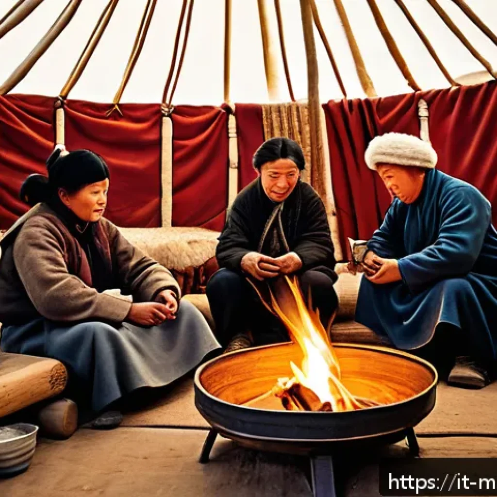 몽골의 대표 차 수테차 - A traditional Mongolian nomadic family gathered around a low wooden table inside a yurt, sharing a s...