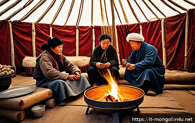 몽골의 대표 차 수테차 - A traditional Mongolian nomadic family gathered around a low wooden table inside a yurt, sharing a s...