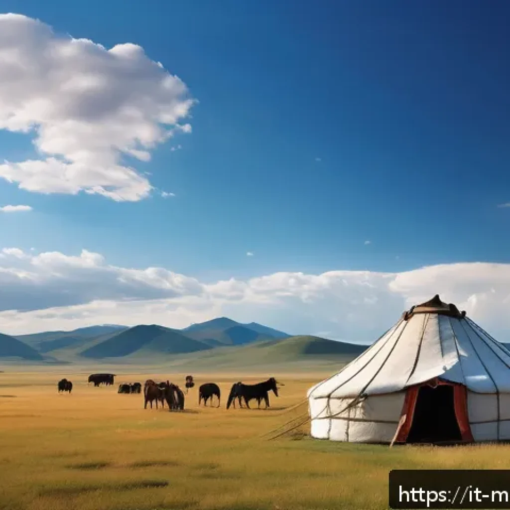 몽골 여행자의 추천 코스 - A vast Mongolian steppe landscape under a bright blue sky with soft white clouds, endless rolling gr...