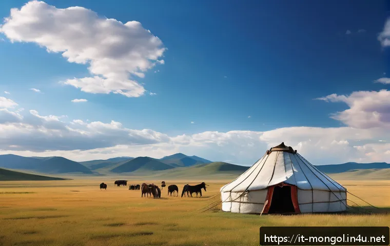 몽골 여행자의 추천 코스 - A vast Mongolian steppe landscape under a bright blue sky with soft white clouds, endless rolling gr...