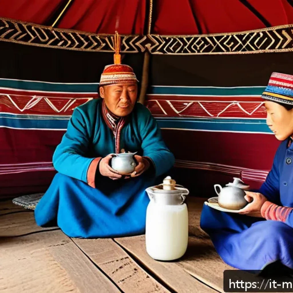 몽골 유목민 생활 체험 - A serene Mongolian nomadic family inside a traditional ger tent, warmly dressed in layered clothing ...