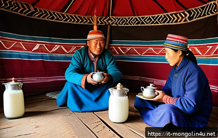 몽골 유목민 생활 체험 - A serene Mongolian nomadic family inside a traditional ger tent, warmly dressed in layered clothing ...