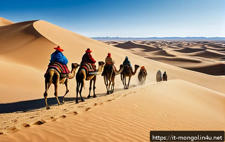 몽골 여행 추천 블로그 - A panoramic view of the Gobi Desert in spring, featuring endless golden sand dunes under a bright bl...