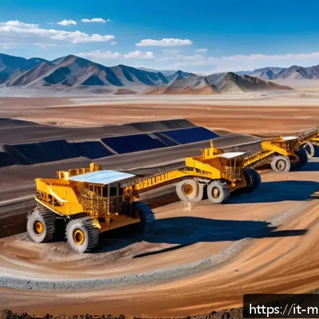 몽골 자원 개발 산업 - A panoramic view of a vast Mongolian mining landscape in the Gobi Desert during golden hour, featuri...