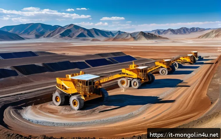 몽골 자원 개발 산업 - A panoramic view of a vast Mongolian mining landscape in the Gobi Desert during golden hour, featuri...