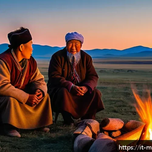 Home 33 몽골의 전통적 가정 구조 - A traditional Mongolian nomadic family gathered around a campfire at dusk on the open steppe, the el...