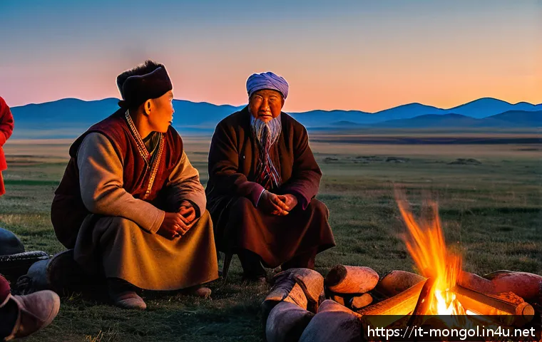 몽골의 전통적 가정 구조 - A traditional Mongolian nomadic family gathered around a campfire at dusk on the open steppe, the el...