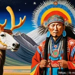 Home 20 몽골 전통 그림과 예술품 - A traditional Mongolian shaman depicted in vibrant tempera on silk, wearing colorful ritual garments...