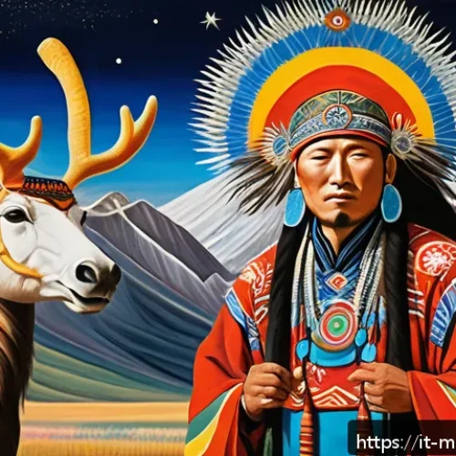 Home 32 몽골 전통 그림과 예술품 - A traditional Mongolian shaman depicted in vibrant tempera on silk, wearing colorful ritual garments...