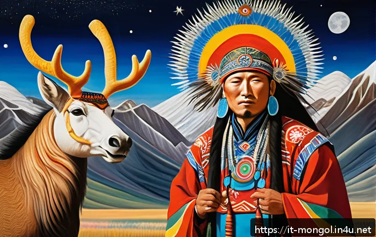 몽골 전통 그림과 예술품 - A traditional Mongolian shaman depicted in vibrant tempera on silk, wearing colorful ritual garments...