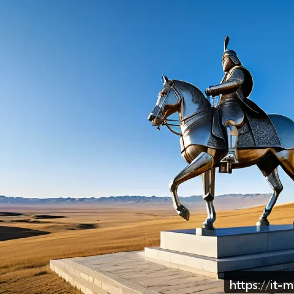 몽골 칭기즈칸 동상 방문 - A majestic 40-meter tall stainless steel statue of Genghis Khan mounted on a powerful horse, set aga...