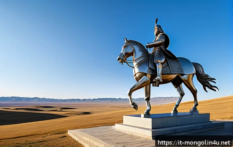 몽골 칭기즈칸 동상 방문 - A majestic 40-meter tall stainless steel statue of Genghis Khan mounted on a powerful horse, set aga...