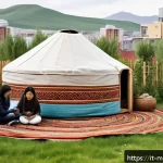Home 18 몽골 문화 속의 현대적 변화 - A modern urban garden in Ulaanbaatar featuring a small, beautifully decorated Mongolian yurt with tr...