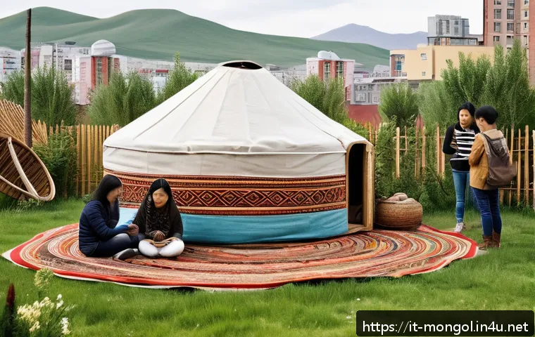 몽골 문화 속의 현대적 변화 - A modern urban garden in Ulaanbaatar featuring a small, beautifully decorated Mongolian yurt with tr...