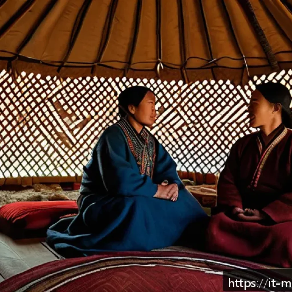 몽골의 유목민과 대화하는 법 - A serene Mongolian nomadic family inside a traditional yurt, wearing modest, culturally appropriate ...