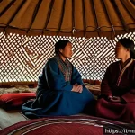 Home 23 몽골의 유목민과 대화하는 법 - A serene Mongolian nomadic family inside a traditional yurt, wearing modest, culturally appropriate ...