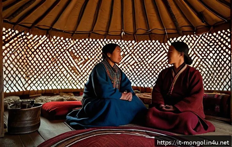 몽골의 유목민과 대화하는 법 - A serene Mongolian nomadic family inside a traditional yurt, wearing modest, culturally appropriate ...