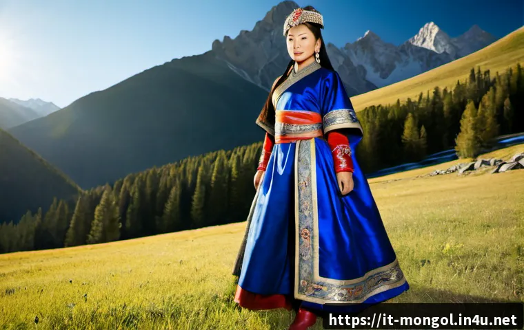 몽골 전통 의복 - Photorealistic full-length portrait of a Mongolian woman wearing an elegant traditional deel with a ...