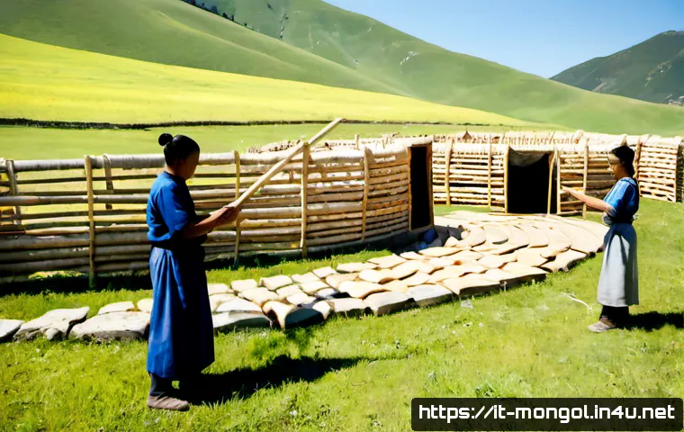 몽골 게르 설치 방법 - Photorealistic documentary scene of a Mongolian ger being assembled on a sunlit meadow in the Italia...