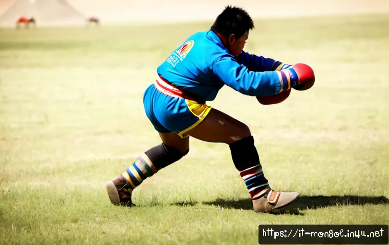 몽골에서의 주요 운동 종목 - Photorealistic Mongolian wrestling competition at a Naadam festival, two powerful adult wrestlers we...