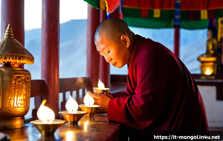 Home 17 몽골 불교와 샤머니즘 - Photorealistic interior of a Mongolian Buddhist monastery at dawn, an elderly monk in deep red robes...