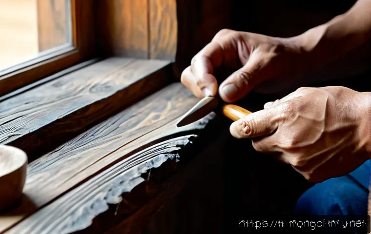 몽골 전통 손잡이 공예 - Photorealistic close-up of a Mongolian artisan carving an ornate traditional wooden handle for a cer...